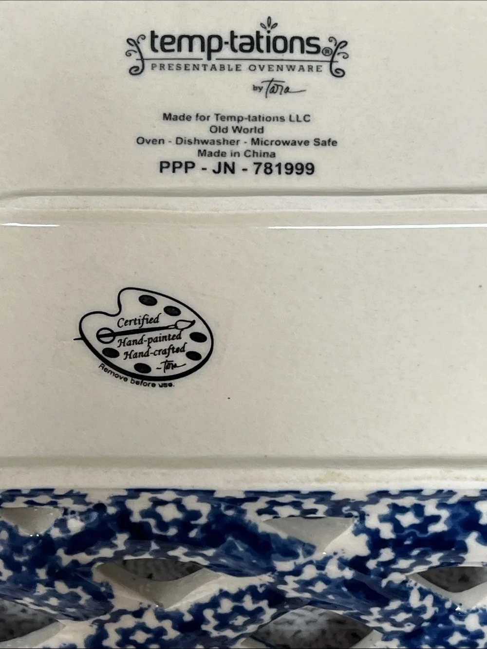 Temp-Tations Old World Blue Ceramic lattice bread/serving basket